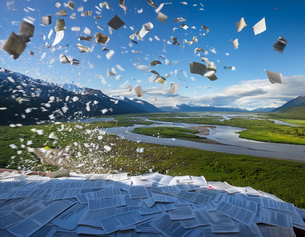 flurry of legal documents against a wetlands backdrop